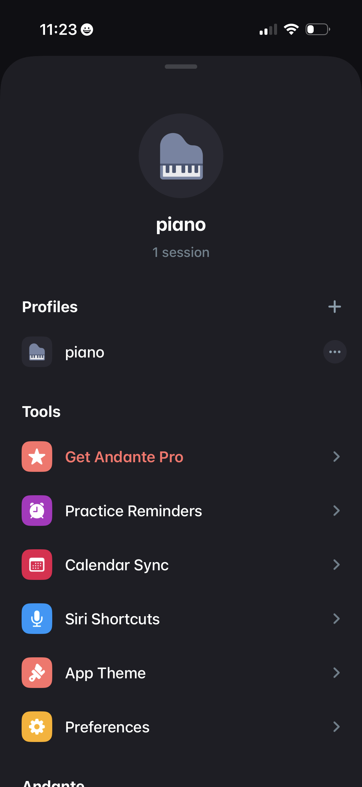 andante settings screenshot